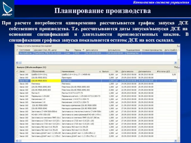 Планирование производства При расчете потребности одновременно рассчитывается график запуска ДСЕ собственного производства.