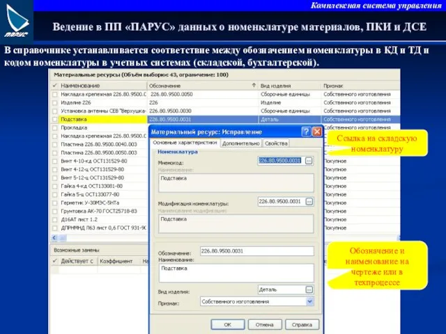 Ведение в ПП «ПАРУС» данных о номенклатуре материалов, ПКИ и ДСЕ В