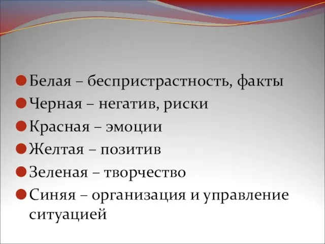 Белая – беспристрастность, факты Черная – негатив, риски Красная – эмоции Желтая