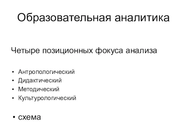 Образовательная аналитика Четыре позиционных фокуса анализа Антропологический Дидактический Методический Культурологический схема