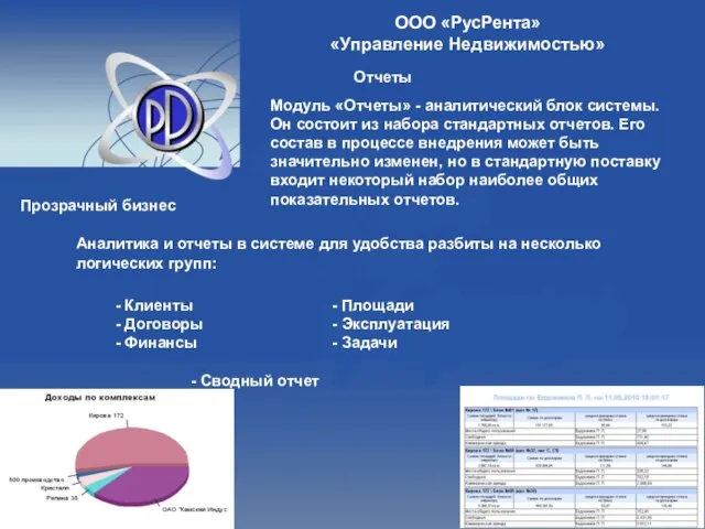 Отчеты Модуль «Отчеты» - аналитический блок системы. Он состоит из набора стандартных