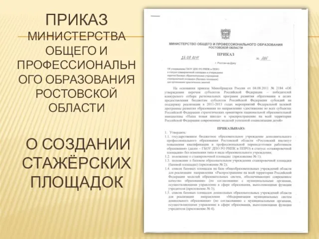 ПРИКАЗ МИНИСТЕРСТВА ОБЩЕГО И ПРОФЕССИОНАЛЬНОГО ОБРАЗОВАНИЯ РОСТОВСКОЙ ОБЛАСТИ О СОЗДАНИИ СТАЖЁРСКИХ ПЛОЩАДОК