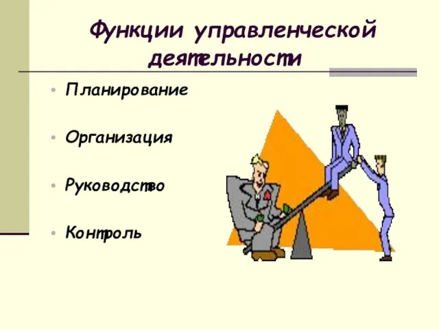 Функции управленческой деятельности Планирование Организация Руководство Контроль