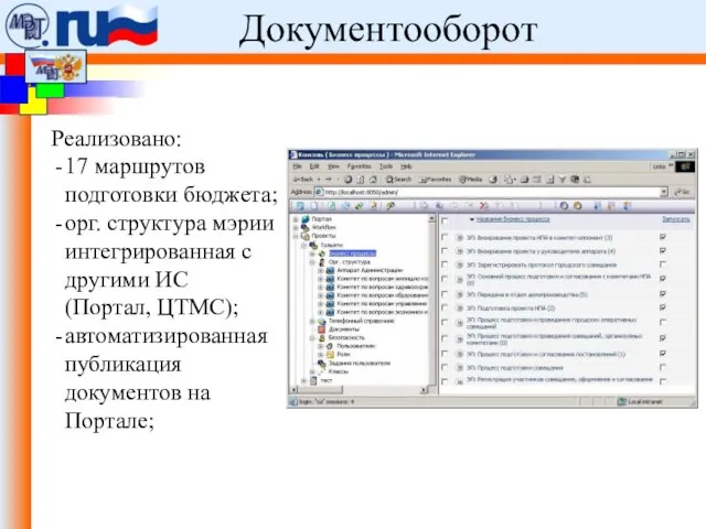 ФЦП «Электронная Россия (2002 -2010 гг.)». Документооборот Реализовано: 17 маршрутов подготовки бюджета;