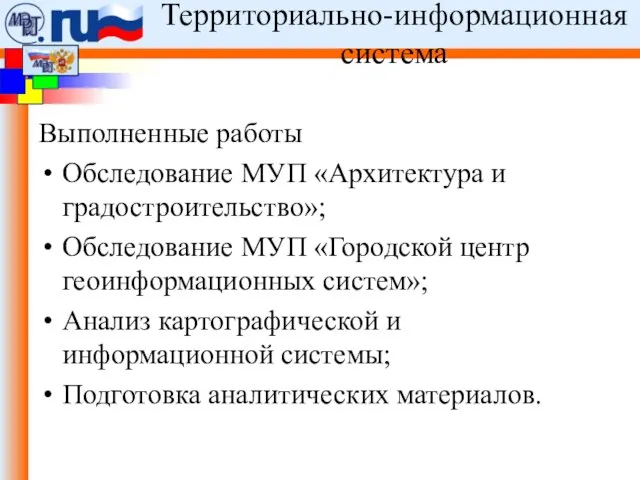 ФЦП «Электронная Россия (2002 -2010 гг.)». Территориально-информационная система Выполненные работы Обследование МУП