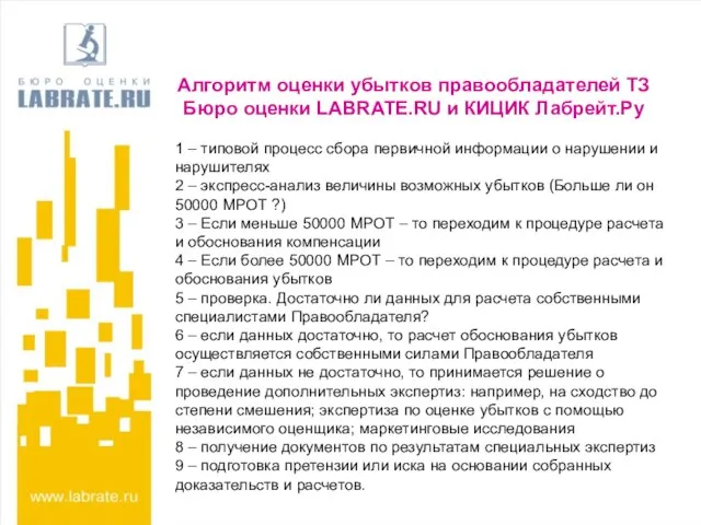 Алгоритм оценки убытков правообладателей ТЗ Бюро оценки LABRATE.RU и КИЦИК Лабрейт.Ру 1