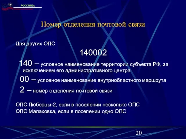 Номер отделения почтовой связи Для других ОПС 140002 140 – условное наименование