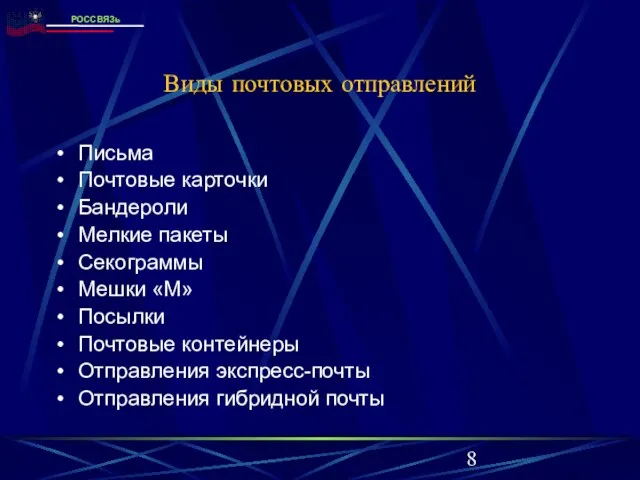 Виды почтовых отправлений Письма Почтовые карточки Бандероли Мелкие пакеты Секограммы Мешки «М»