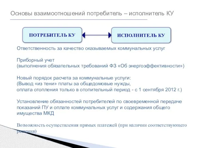 Основы взаимоотношений потребитель – исполнитель КУ Ответственность за качество оказываемых коммунальных услуг