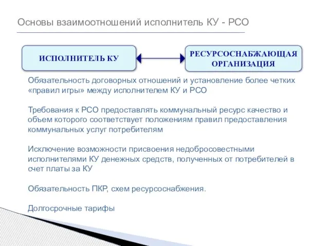 Основы взаимоотношений исполнитель КУ - РСО Обязательность договорных отношений и установление более