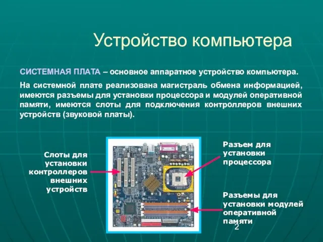 Устройство компьютера СИСТЕМНАЯ ПЛАТА – основное аппаратное устройство компьютера. На системной плате