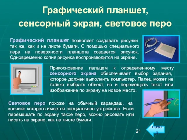 Графический планшет, сенсорный экран, световое перо Графический планшет позволяет создавать рисунки так