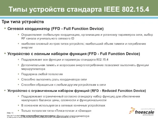Типы устройств стандарта IEEE 802.15.4 Три типа устройств Сетевой координатор (FFD -