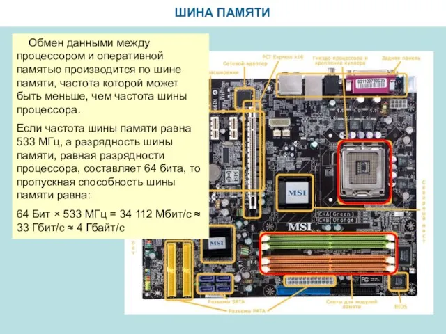 ШИНА ПАМЯТИ Обмен данными между процессором и оперативной памятью производится по шине