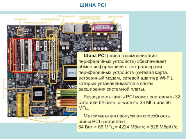 ШИНА PCI Шина PCI (шина взаимодействия периферийных устройств) обеспечивает обмен информацией с