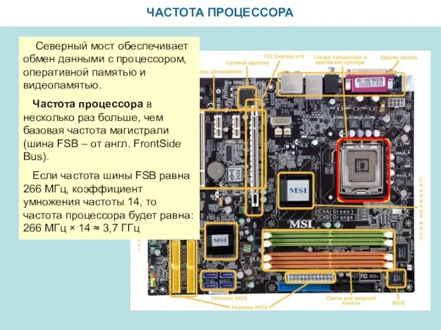 ЧАСТОТА ПРОЦЕССОРА Северный мост обеспечивает обмен данными с процессором, оперативной памятью и