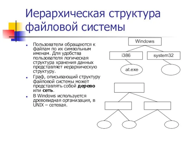 Иерархическая структура файловой системы Пользователи обращаются к файлам по их символьным именам.