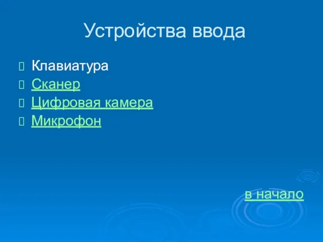 Устройства ввода Клавиатура Сканер Цифровая камера Микрофон в начало