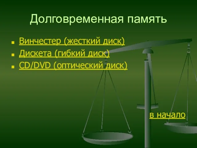 Долговременная память Винчестер (жесткий диск) Дискета (гибкий диск) CD/DVD (оптический диск) в начало