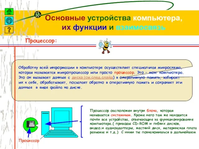 Основные устройства компьютера, их функции и взаимосвязь Процессор: Обработку всей информации в