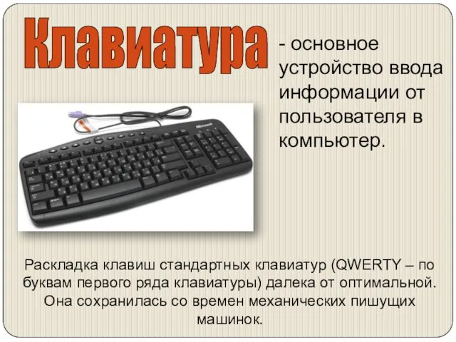 Клавиатура Раскладка клавиш стандартных клавиатур (QWERTY – по буквам первого ряда клавиатуры)