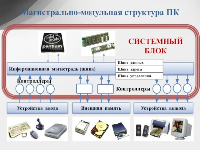 Информационная магистраль (шина) Устройства ввода Устройства вывода Внешняя память Контроллеры Контроллеры СИСТЕМНЫЙ БЛОК Магистрально-модульная структура ПК