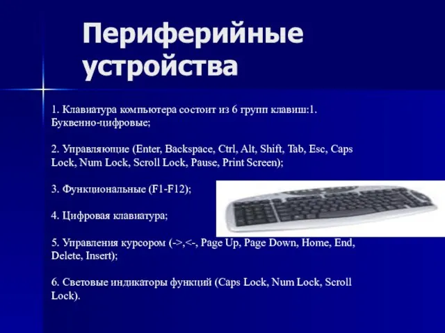 Периферийные устройства 1. Клавиатура компьютера состоит из 6 групп клавиш:1. Буквенно-цифровые; 2.