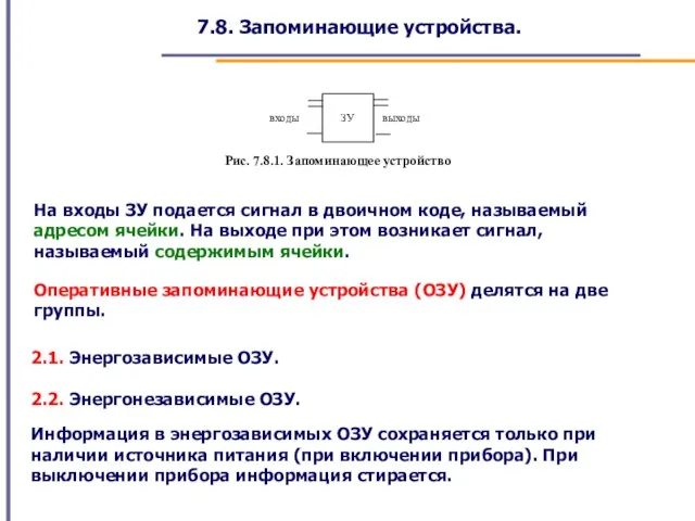 7.8. Запоминающие устройства. Рис. 7.8.1. Запоминающее устройство На входы ЗУ подается сигнал