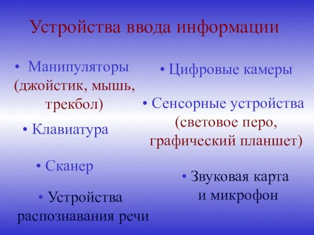 Устройства ввода информации Манипуляторы (джойстик, мышь, трекбол) Клавиатура Сенсорные устройства (световое перо,