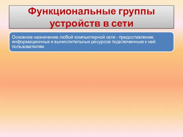 Функциональные группы устройств в сети Основное назначение любой компьютерной сети - предоставление