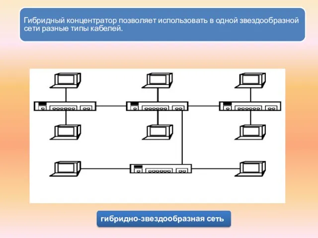 Гибридный концентратор позволяет использовать в одной звездообразной сети разные типы кабелей. гибридно-звездообразная сеть