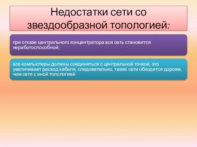 Недостатки сети со звездообразной топологией: при отказе центрального концентратора вся сеть становится