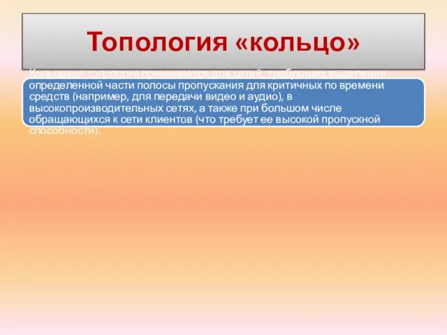 Топология «кольцо» Кольцевая топология применяется для сетей, требующих выделения определенной части полосы