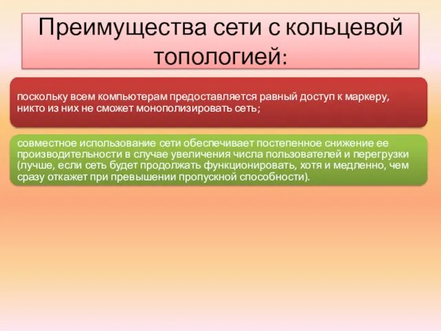 Преимущества сети с кольцевой топологией: поскольку всем компьютерам предоставляется равный доступ к