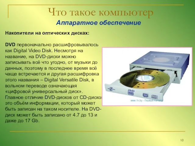 Что такое компьютер Аппаратное обеспечение Накопители на оптических дисках: DVD первоначально расшифровывалось