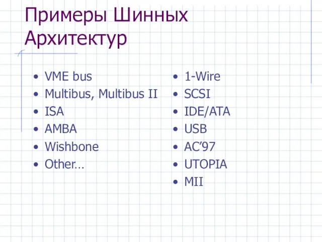 Примеры Шинных Архитектур VME bus Multibus, Multibus II ISA AMBA Wishbone Other…