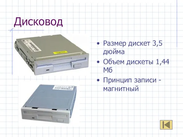 Дисковод Размер дискет 3,5 дюйма Объем дискеты 1,44 Мб Принцип записи - магнитный