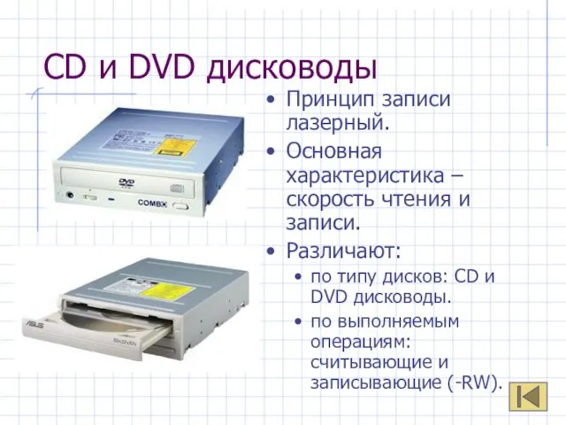 CD и DVD дисководы Принцип записи лазерный. Основная характеристика – скорость чтения