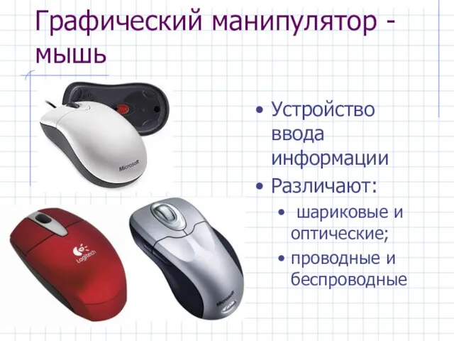 Графический манипулятор - мышь Устройство ввода информации Различают: шариковые и оптические; проводные и беспроводные