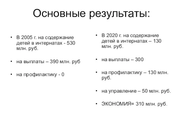 Основные результаты: В 2005 г. на содержание детей в интернатах - 530