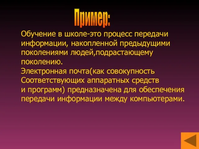 Обучение в школе-это процесс передачи информации, накопленной предыдущими поколениями людей,подрастающему поколению. Электронная