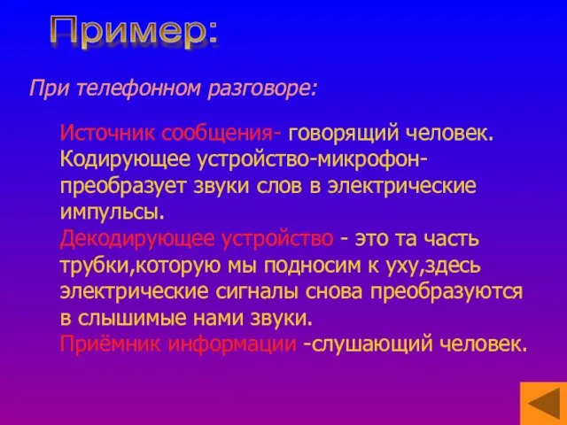 При телефонном разговоре: Источник сообщения- говорящий человек. Кодирующее устройство-микрофон- преобразует звуки слов