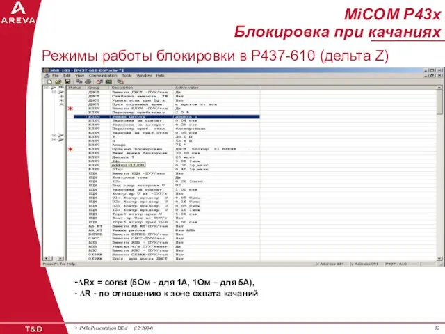 MiCOM P43x Блокировка при качаниях Режимы работы блокировки в Р437-610 (дельта Z)