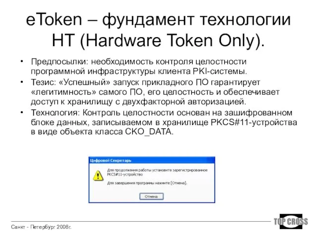 eToken – фундамент технологии HT (Hardware Token Only). Предпосылки: необходимость контроля целостности