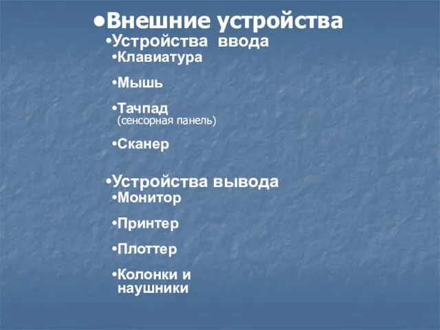 Внешние устройства Устройства ввода Клавиатура Мышь Тачпад (сенсорная панель) Сканер Устройства вывода