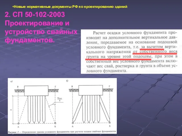 Новые нормативные документы РФ по проектированию зданий 2. СП 50-102-2003 Проектирование и устройство свайных фундаментов.