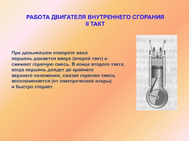 РАБОТА ДВИГАТЕЛЯ ВНУТРЕННЕГО СГОРАНИЯ II ТАКТ При дальнейшем повороте вала поршень движется