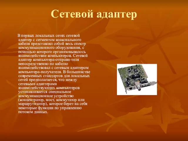 Сетевой адаптер В первых локальных сетях сетевой адаптер с сегментом коаксиального кабеля