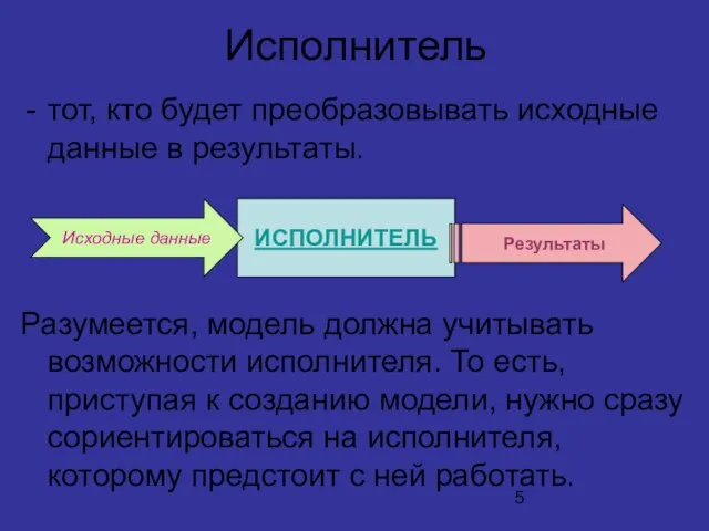 Исполнитель тот, кто будет преобразовывать исходные данные в результаты. Разумеется, модель должна