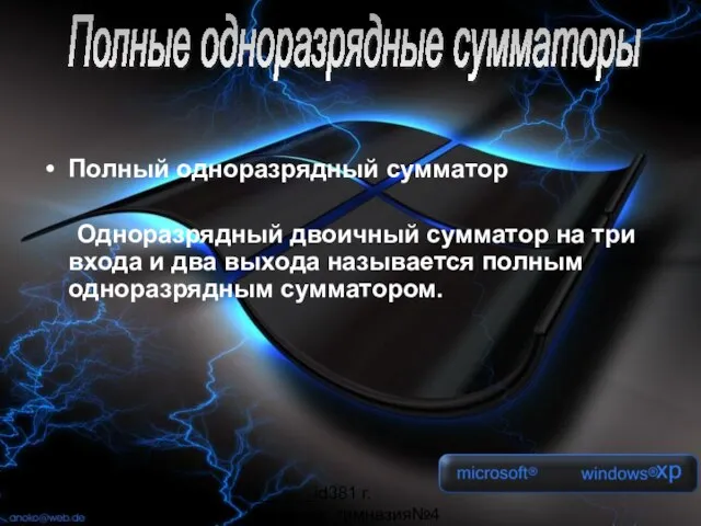 _______id381 г. Мурманск, гимназия№4 Полный одноразрядный сумматор Одноразрядный двоичный сумматор на три